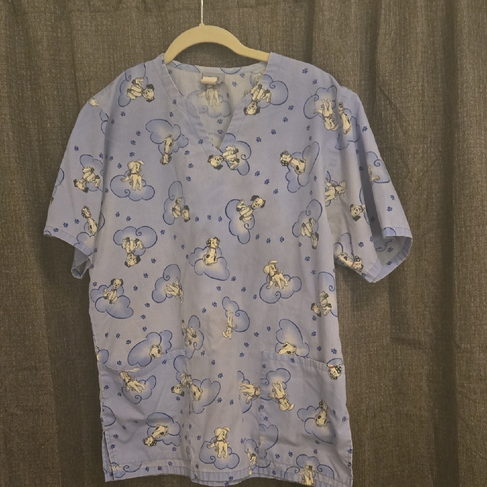 Blue Cartoon Print Women's Short Sleeve Scrub Top